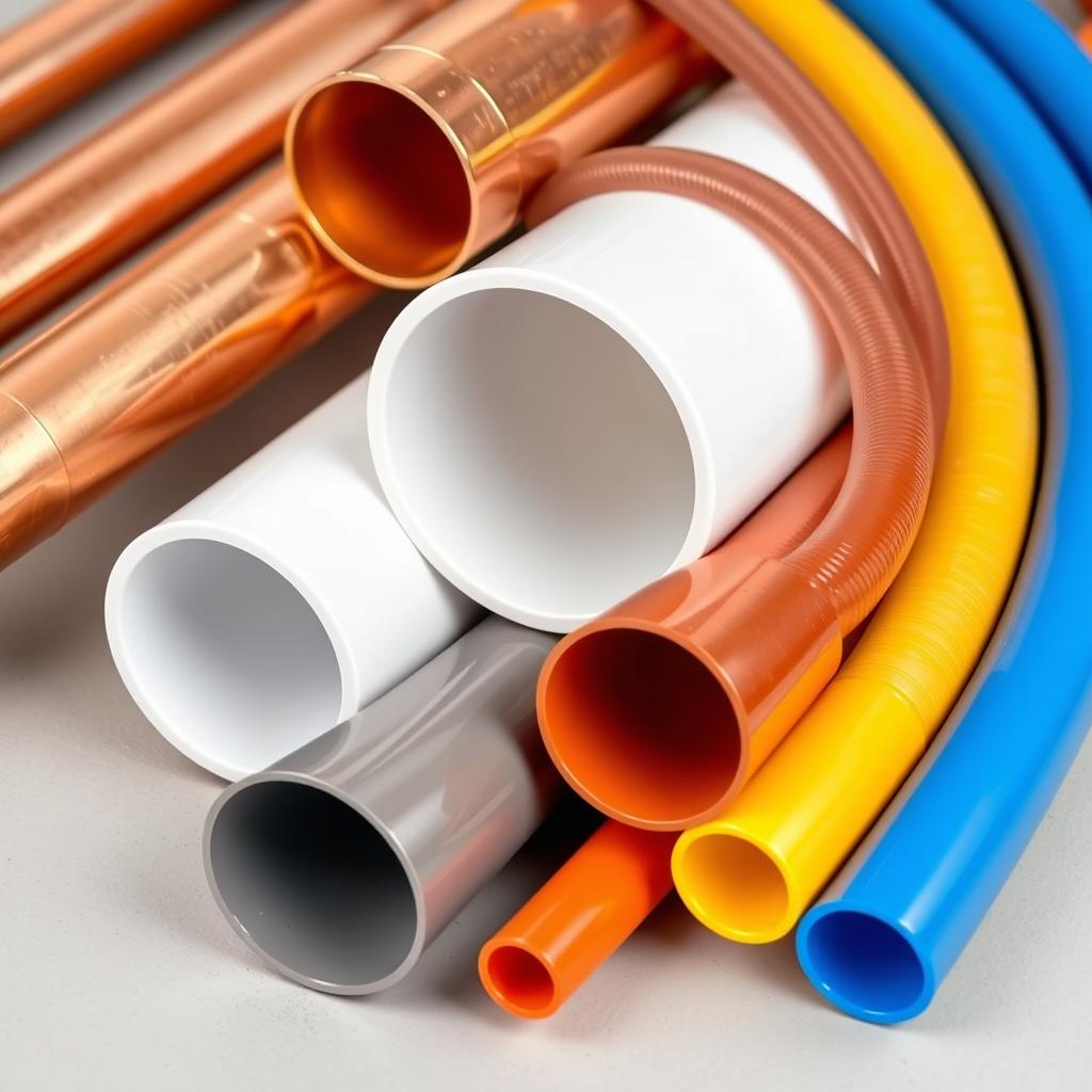 Assortment of pipe materials including copper, PVC, and PEX