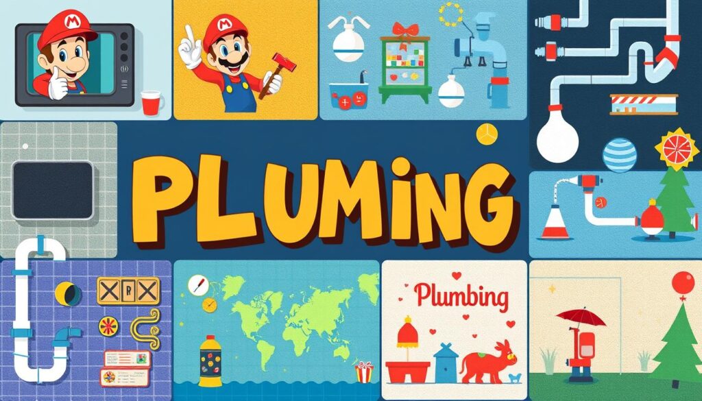 Collage of plumbing-related entertainment media and fun facts from the Plumbing Guide