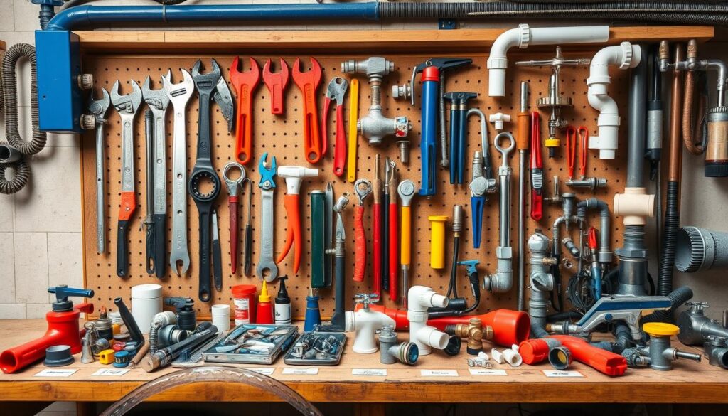 Comprehensive display of essential plumbing tools and fixtures from the Plumbing Guide