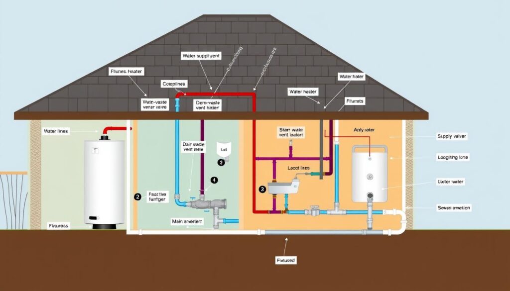 Detailed diagram of residential plumbing system with labeled components from the Plumbing Guide