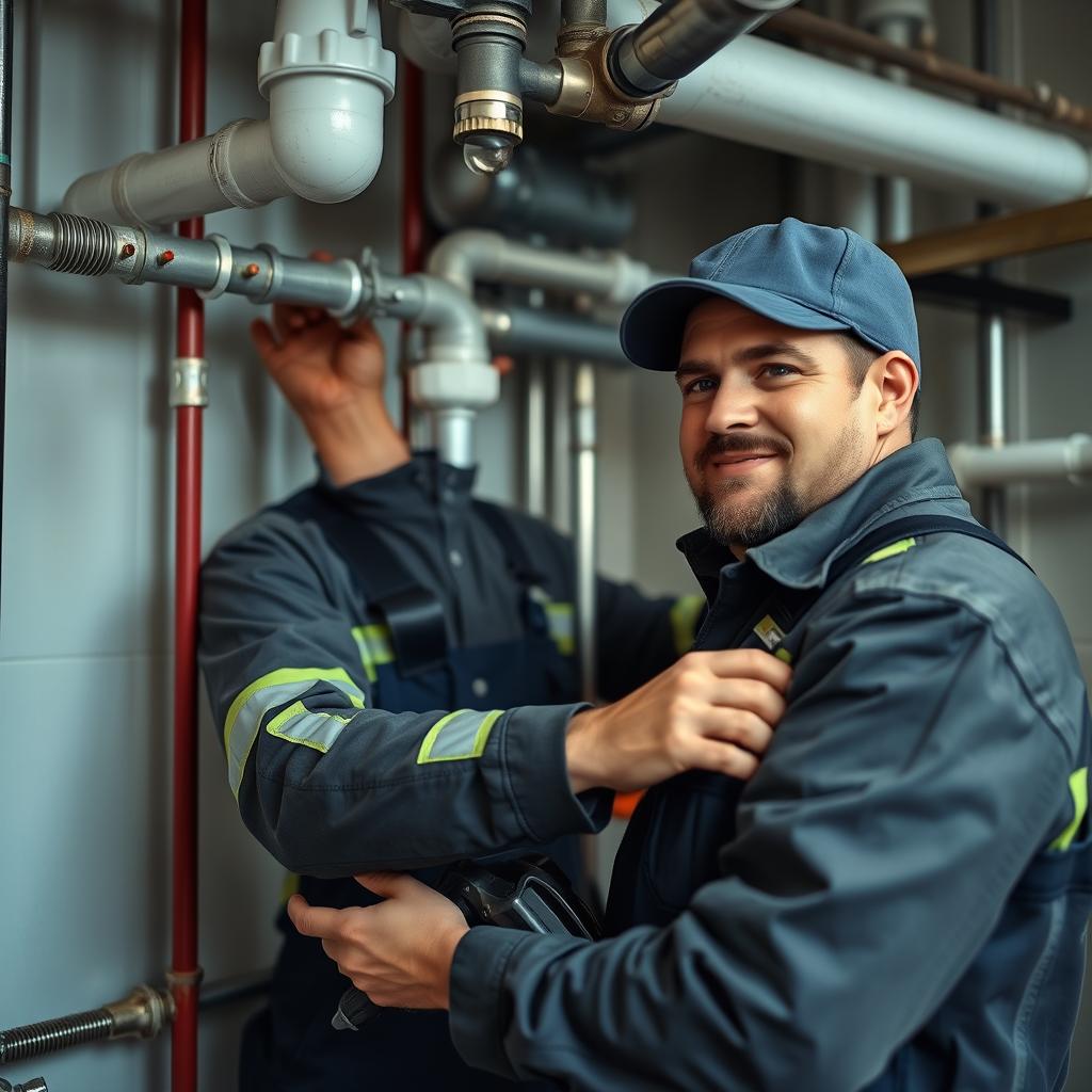 Journeyman plumber working independently on complex plumbing system