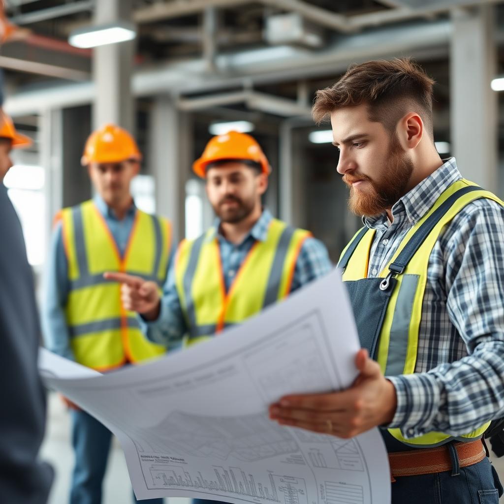 Master plumber reviewing blueprints and supervising plumbing project