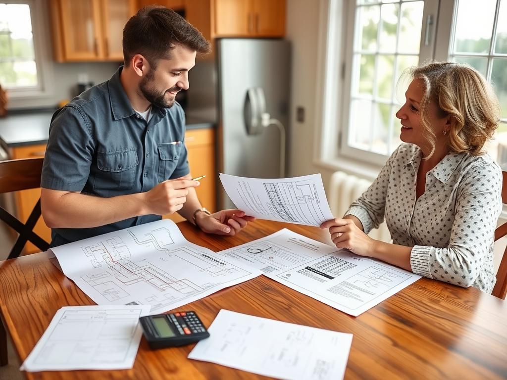 Plumber and homeowner discussing plumbing repairs and solutions with quote paperwork