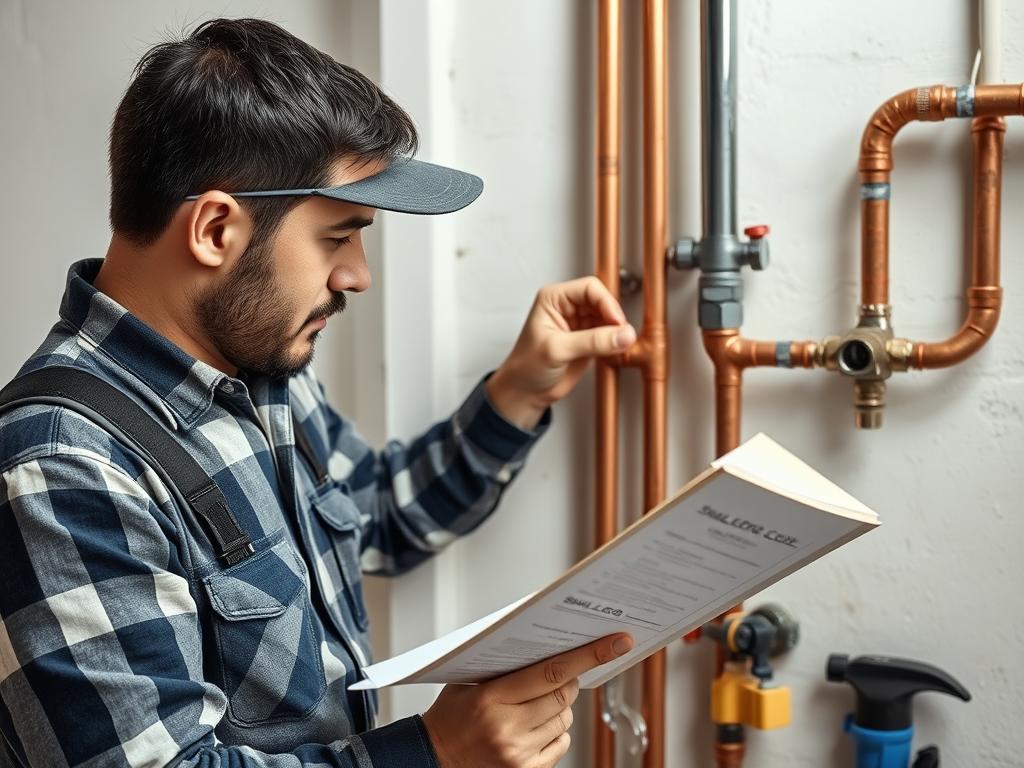 Plumber consulting plumbing code book during installation