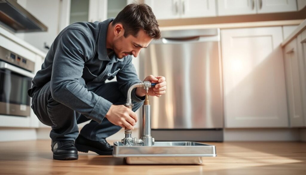 Plumber installing dishwasher water connections Plumber installing dishwasher water connections