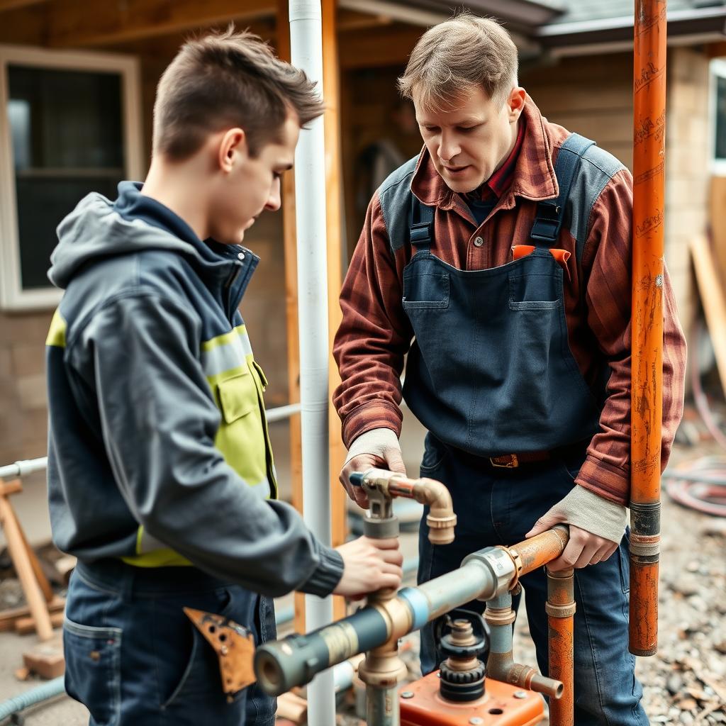 Plumbing apprentice learning from experienced plumber on job site