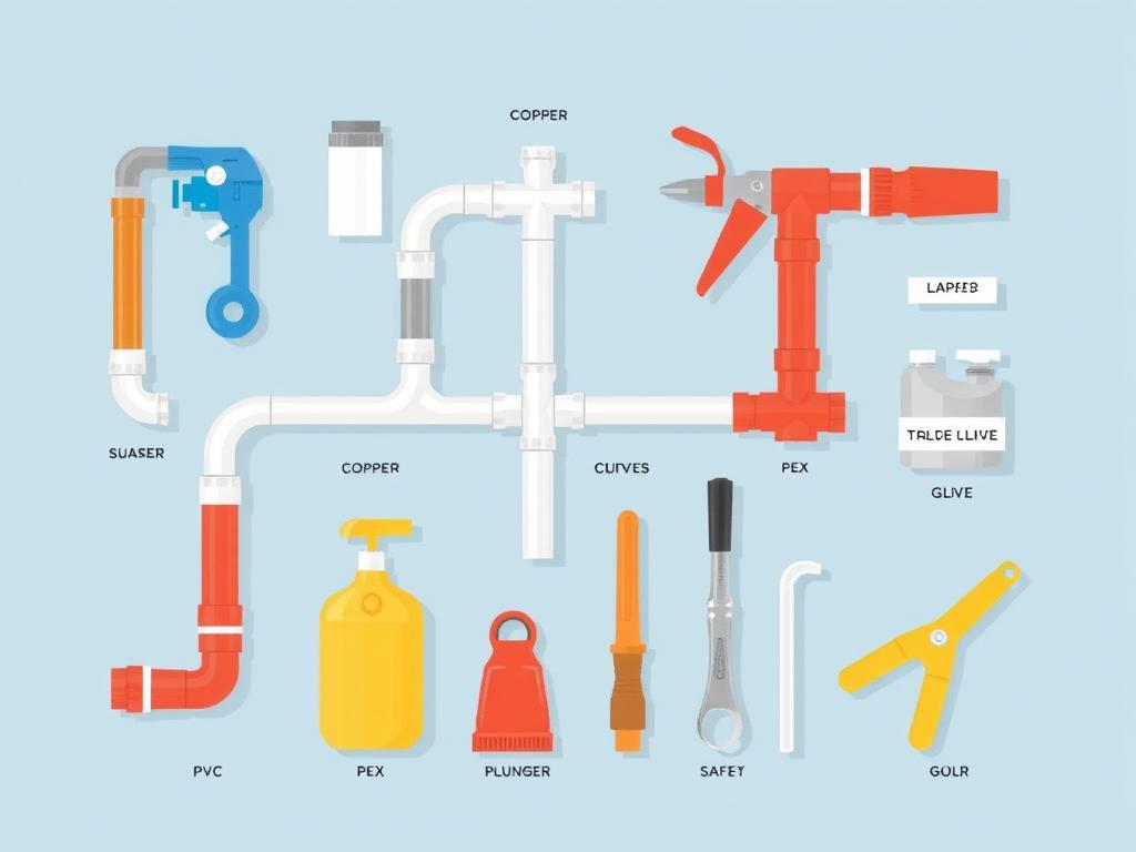 Plumbing basics illustration showing pipe types, tools, and safety equipment in the Plumbing Guide