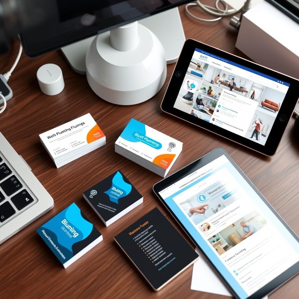 Plumbing business marketing materials and online presence on digital devices