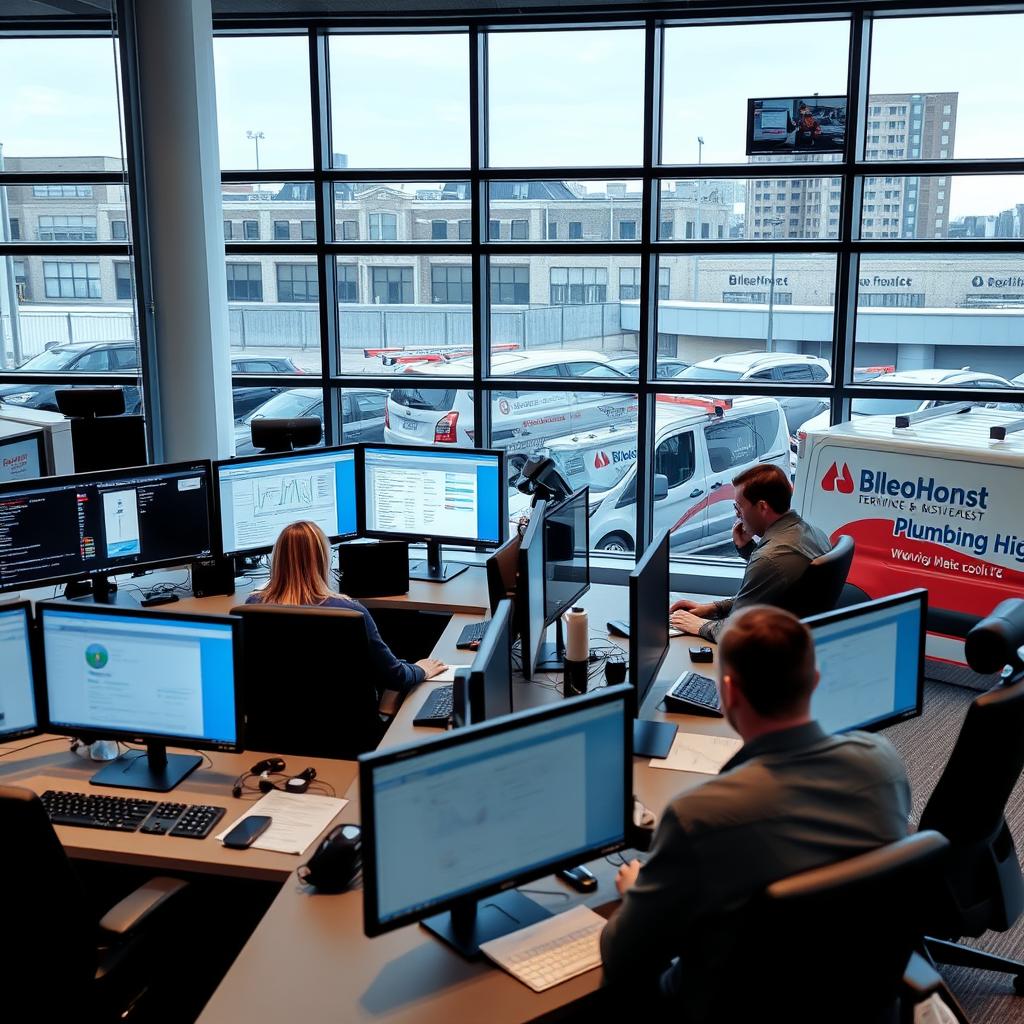 Plumbing business operations with dispatch center and service vehicles