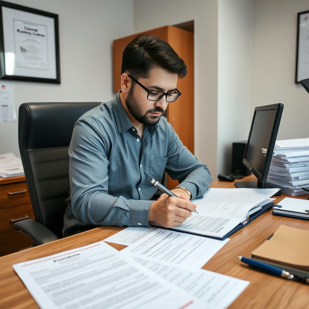 Plumbing business owner completing paperwork for business formation