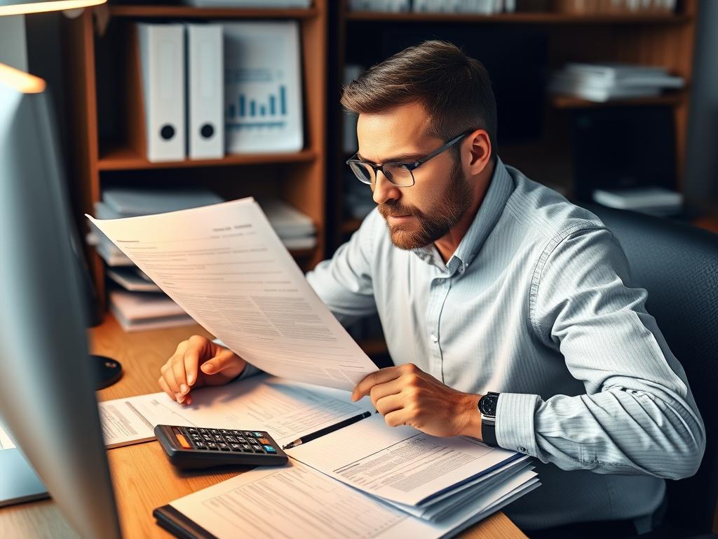 Plumbing business owner reviewing financial documents and contracts