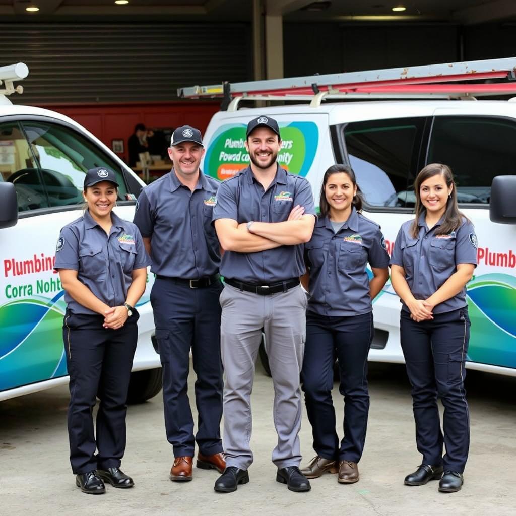 Plumbing business professionals in branded uniforms with service vehicles