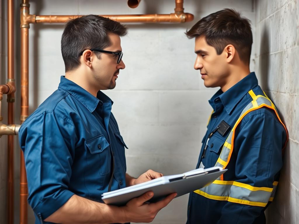 Plumbing inspector checking installation against code requirements