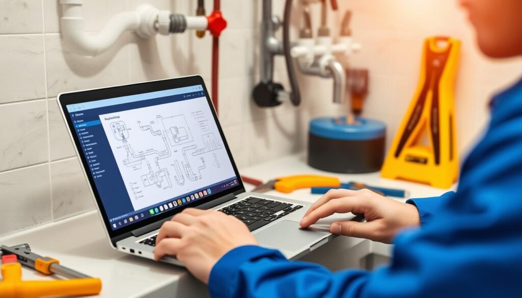 Plumbing professional accessing online training resources