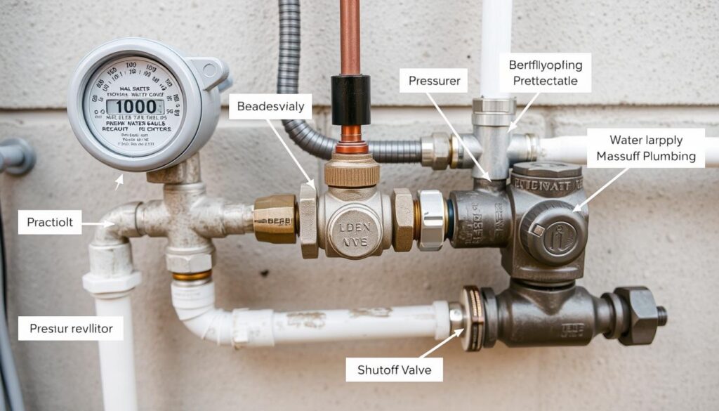 Plumbing utility connections including water meter and main shutoff