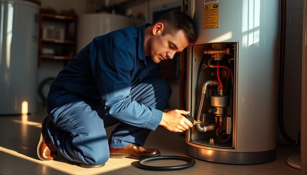Professional Plumber Performing Water Heater Maintenance Professional Plumber Performing Water Heater Maintenance
