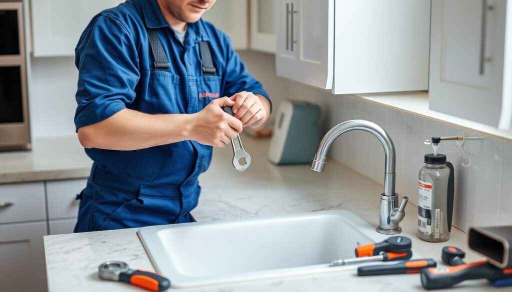 Professional plumber fixing a sink with various plumbing repairs and solutions tools displayed