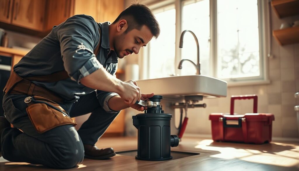 Professional plumber fixing garbage disposal