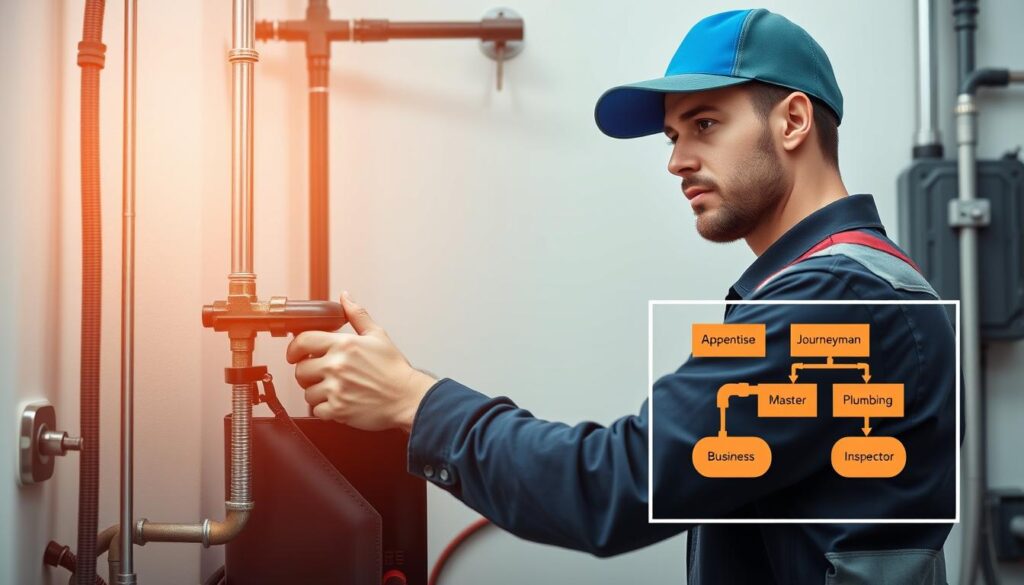 Professional plumber working on a project with various career path options illustrated in the Plumbing Guide