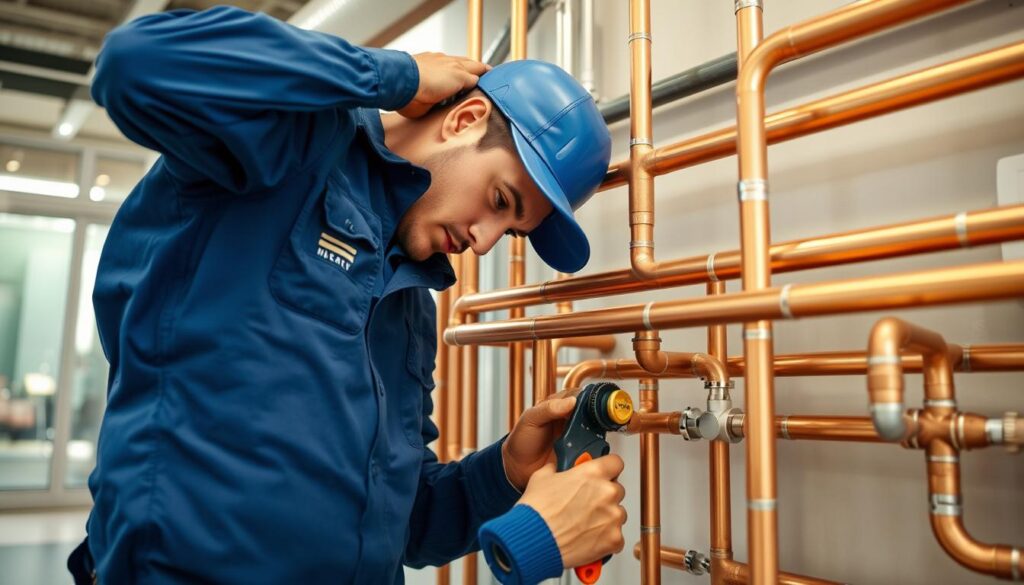 Professional plumber working on pipes showcasing plumbing careers and businesses