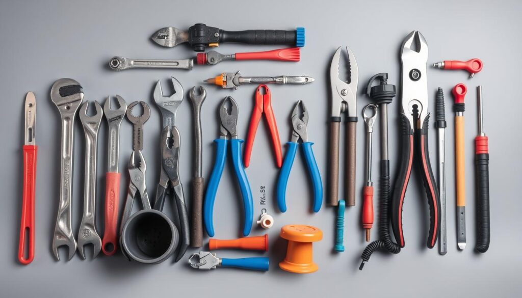 Professional plumbing tools arranged in a toolkit