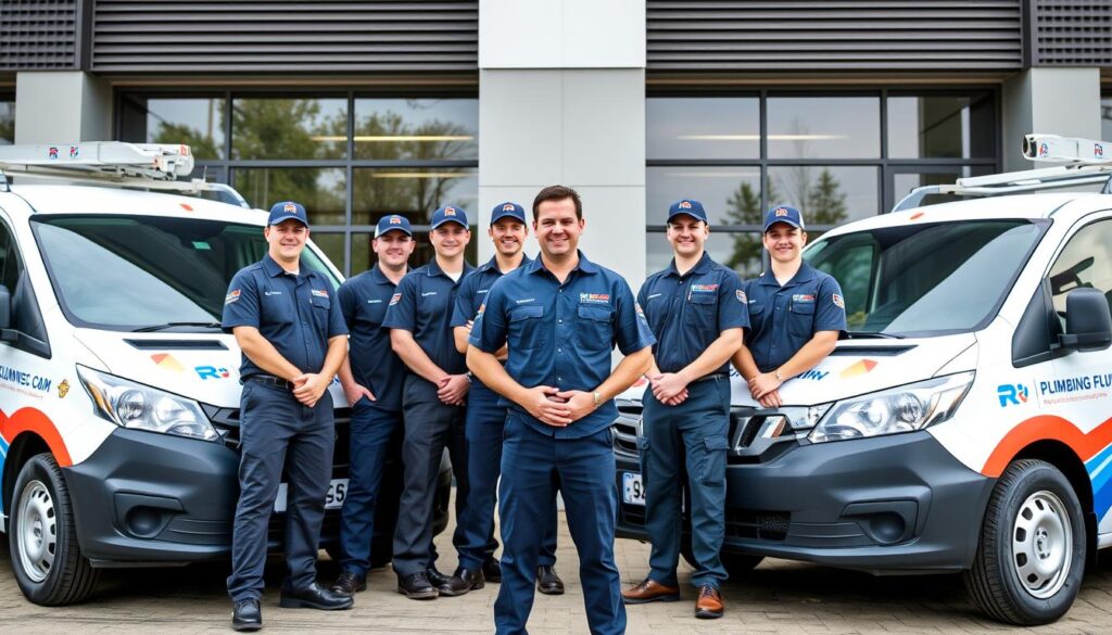 Successful plumbing business owner with team and service vehicles