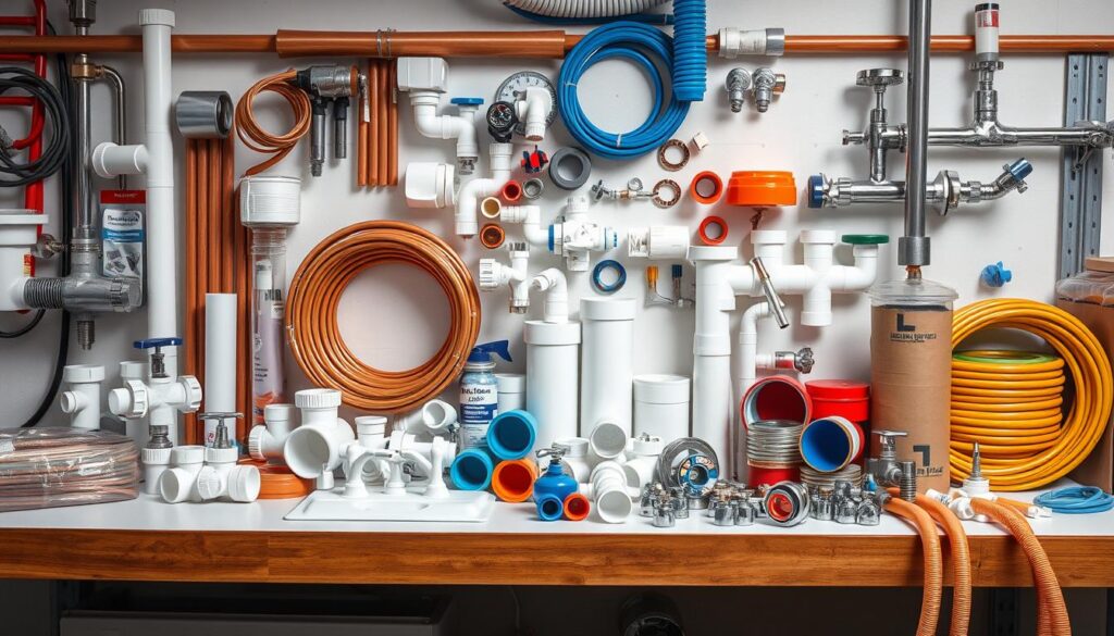 Various plumbing fixtures, materials and supplies laid out for installation