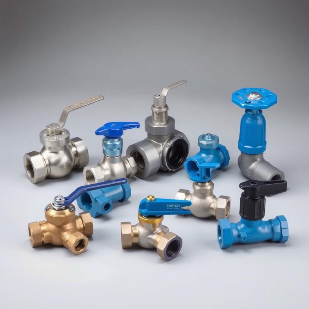 Various plumbing valves including ball valves and gate valves