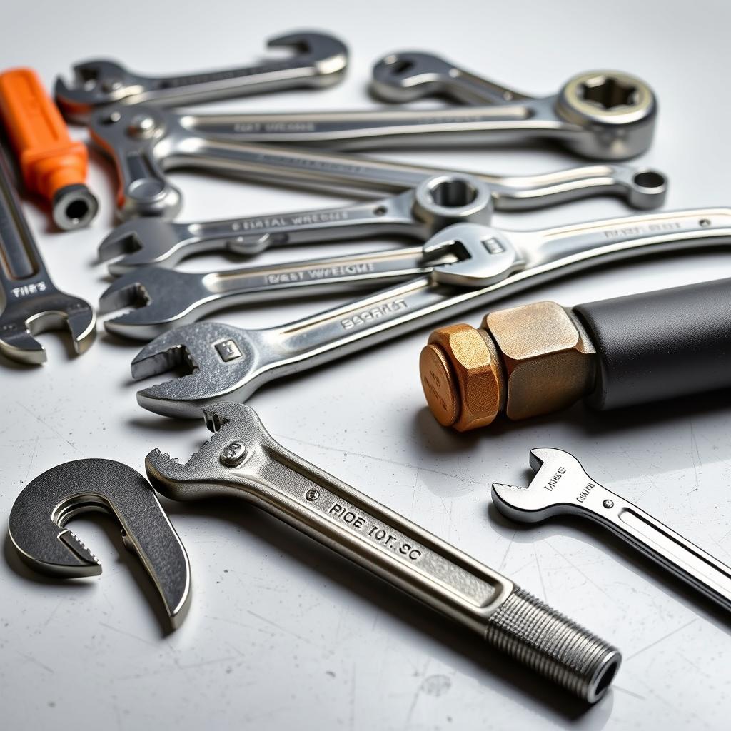 Various plumbing wrenches including pipe wrench and basin wrench