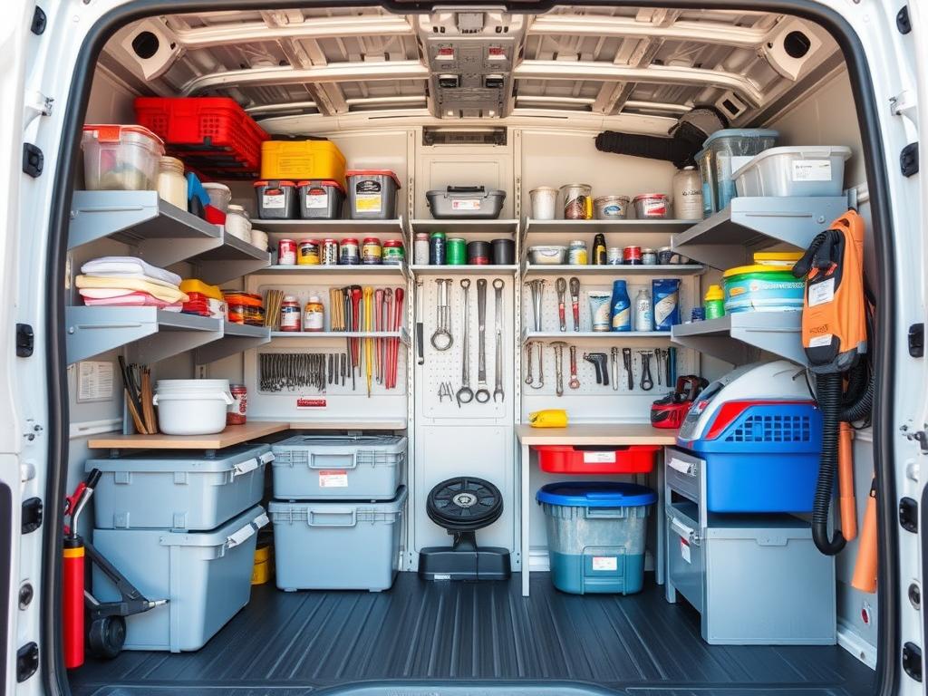 Well-organized plumbing service van with labeled storage systems from the Plumbing Guide