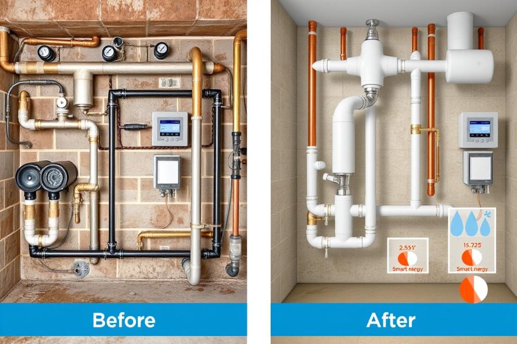 Before and after comparison of plumbing system upgrade showing efficiency improvements