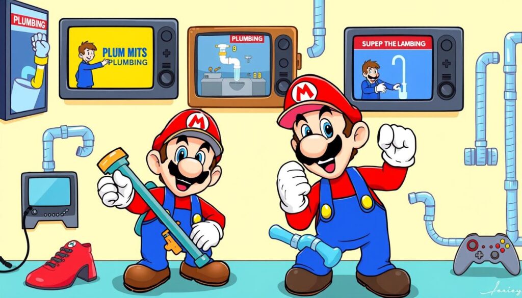 Mario and Luigi cartoon characters representing plumbing in popular media