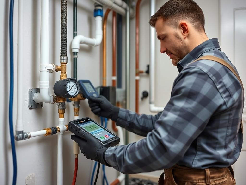 Professional plumber conducting quality inspection of plumbing system