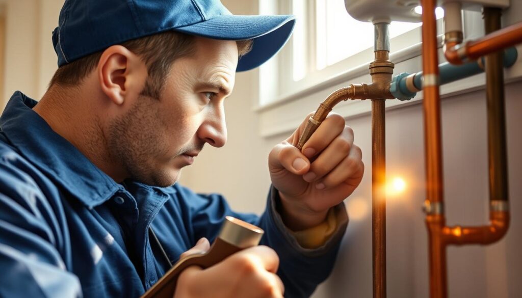 Professional plumber inspecting water pipes